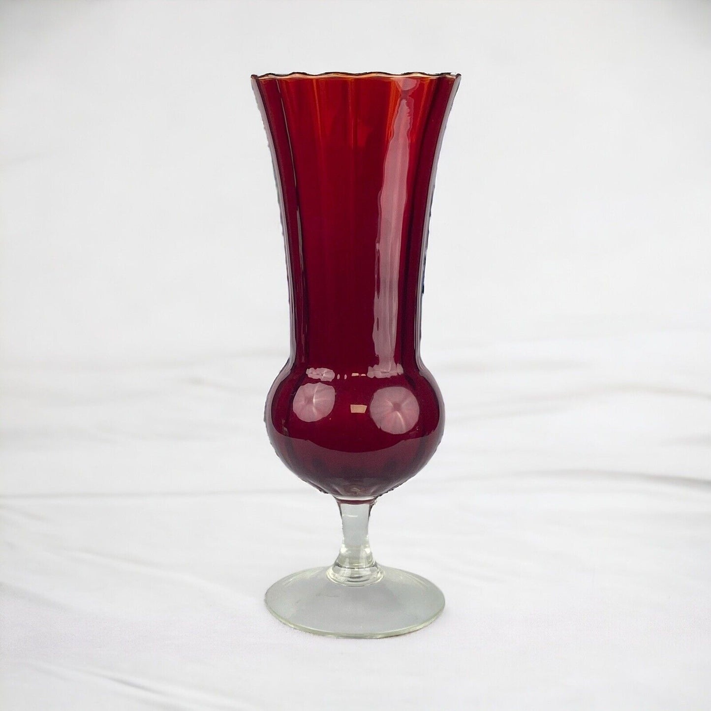 Vintage Red Blown Glass Vase Red Top Clear Base 11 1/2" Tall Fluted Top