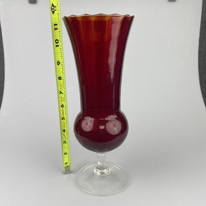 Vintage Red Blown Glass Vase Red Top Clear Base 11 1/2" Tall Fluted Top