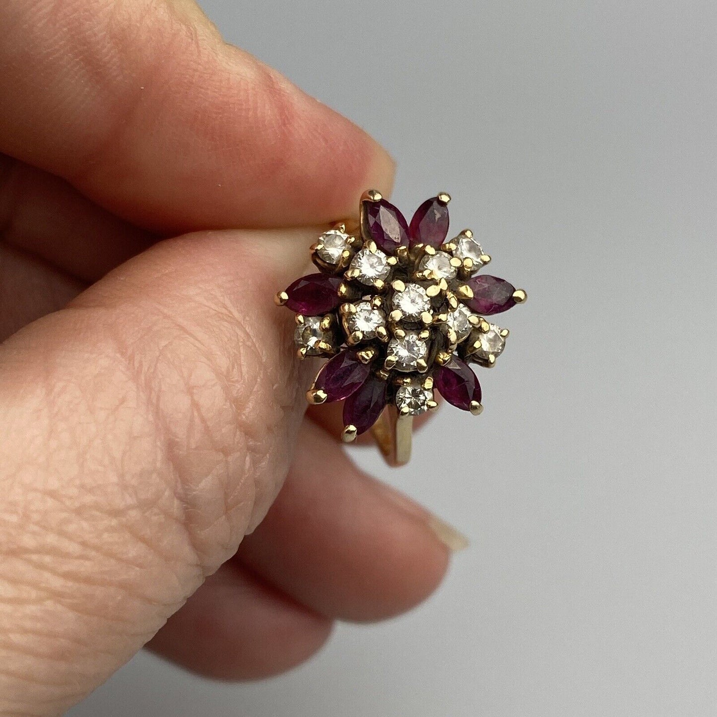 Vintage 14k Gold Natural Ruby and Diamond Cluster Ring Floral