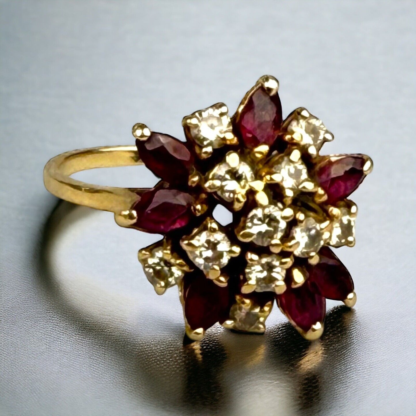 Vintage 14k Gold Natural Ruby and Diamond Cluster Ring Floral