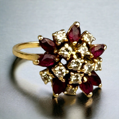 Vintage 14k Gold Natural Ruby and Diamond Cluster Ring Floral