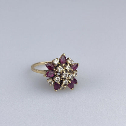 Vintage 14k Gold Natural Ruby and Diamond Cluster Ring Floral