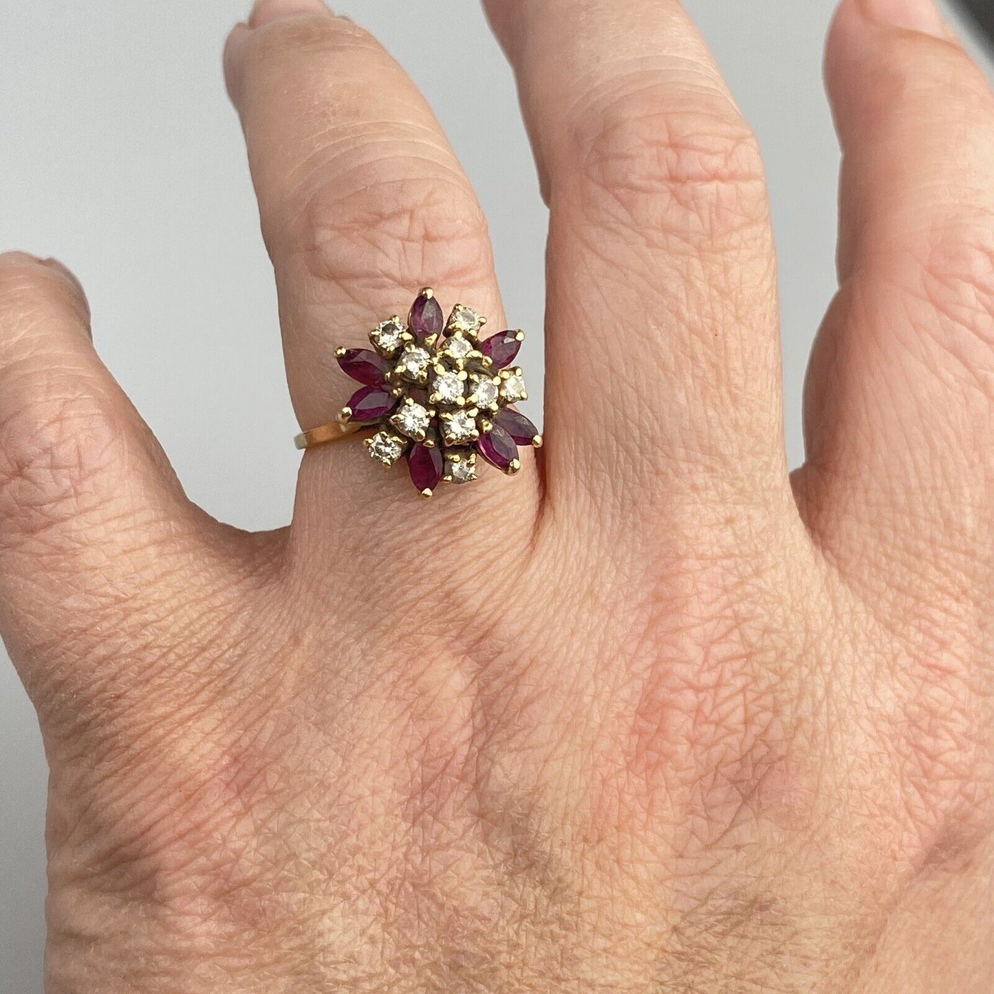 Vintage 14k Gold Natural Ruby and Diamond Cluster Ring Floral