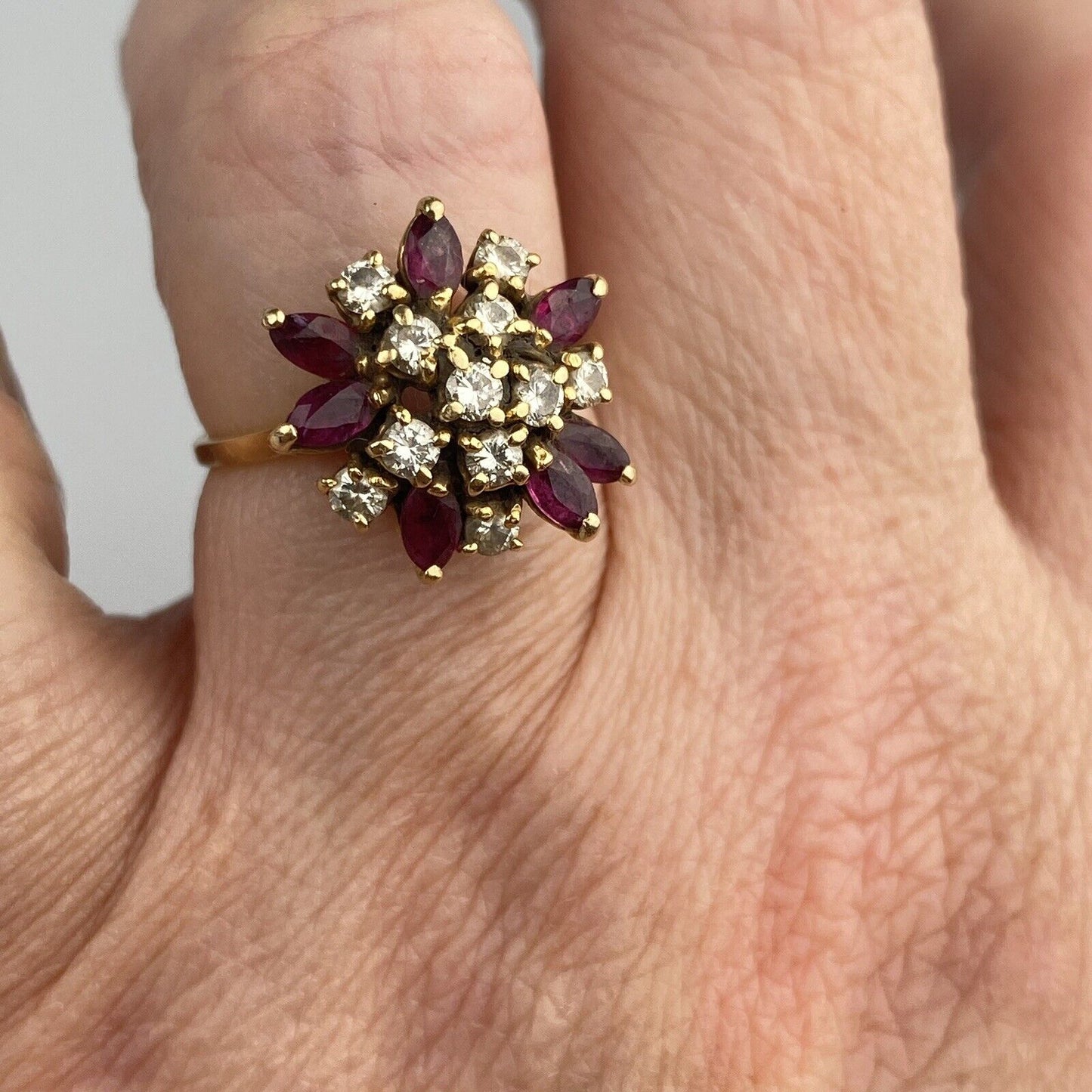 Vintage 14k Gold Natural Ruby and Diamond Cluster Ring Floral