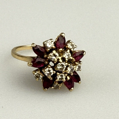 Vintage 14k Gold Natural Ruby and Diamond Cluster Ring Floral