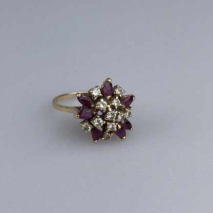 Vintage 14k Gold Natural Ruby and Diamond Cluster Ring Floral