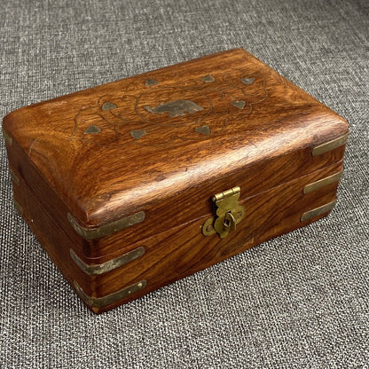 Vintage Wood Hand Made Treasure Trinket Box Elephant Inlay Jewelry Box Boho