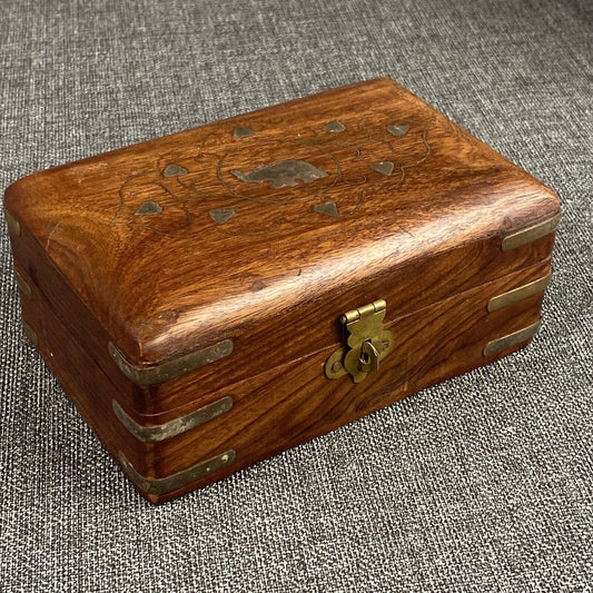 Vintage Wood Hand Made Treasure Trinket Box Elephant Inlay Jewelry Box Boho