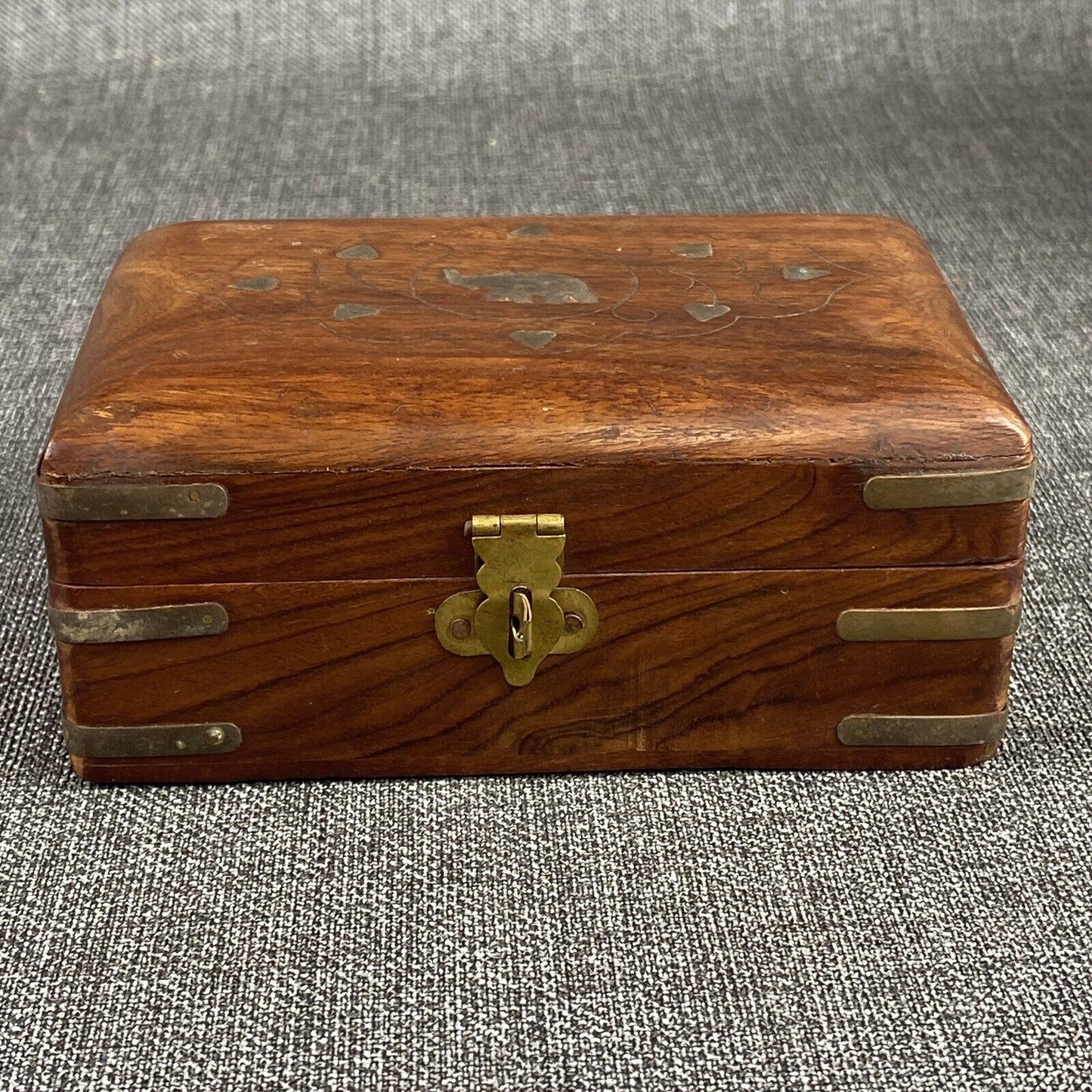 Vintage Wood Hand Made Treasure Trinket Box Elephant Inlay Jewelry Box Boho