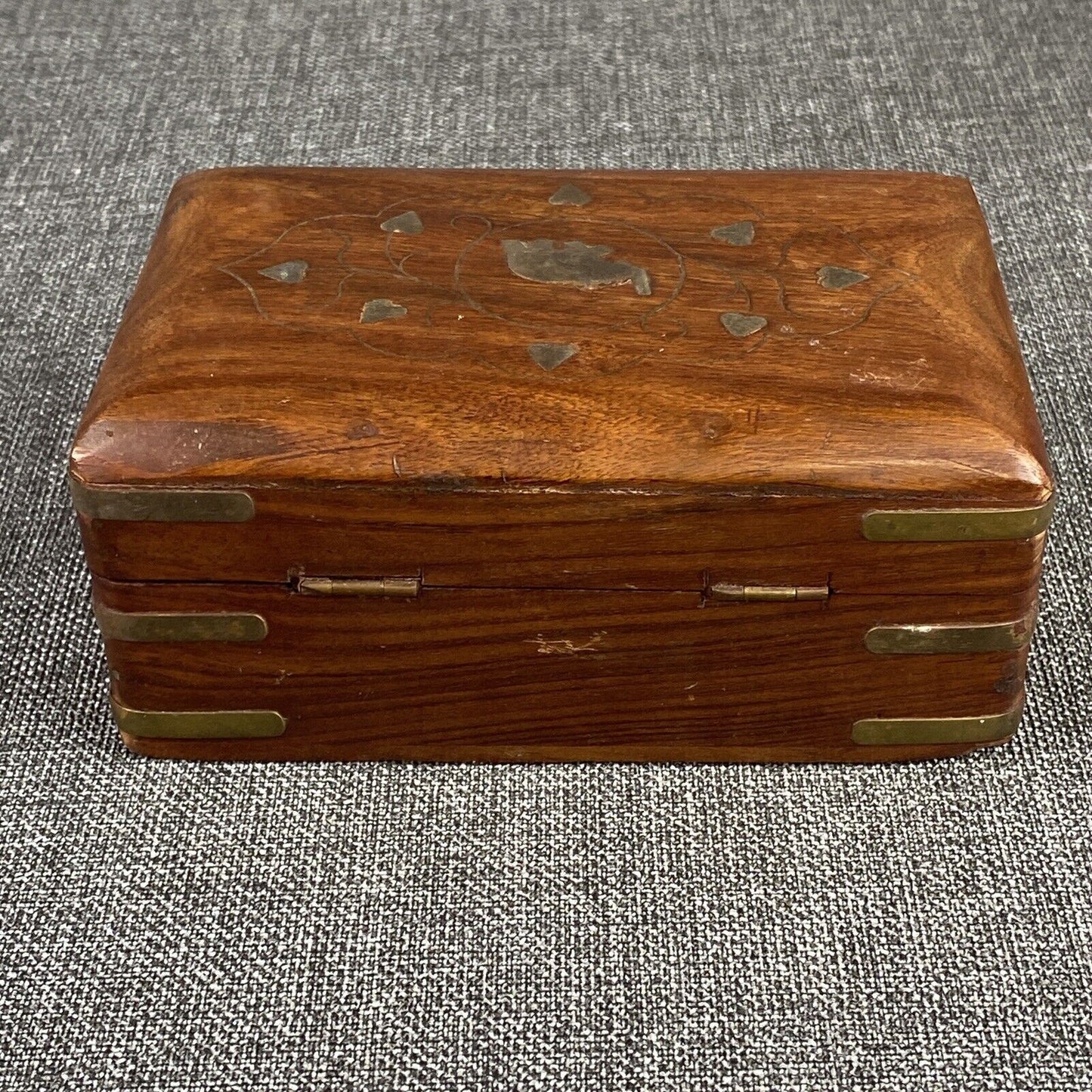 Vintage Wood Hand Made Treasure Trinket Box Elephant Inlay Jewelry Box Boho