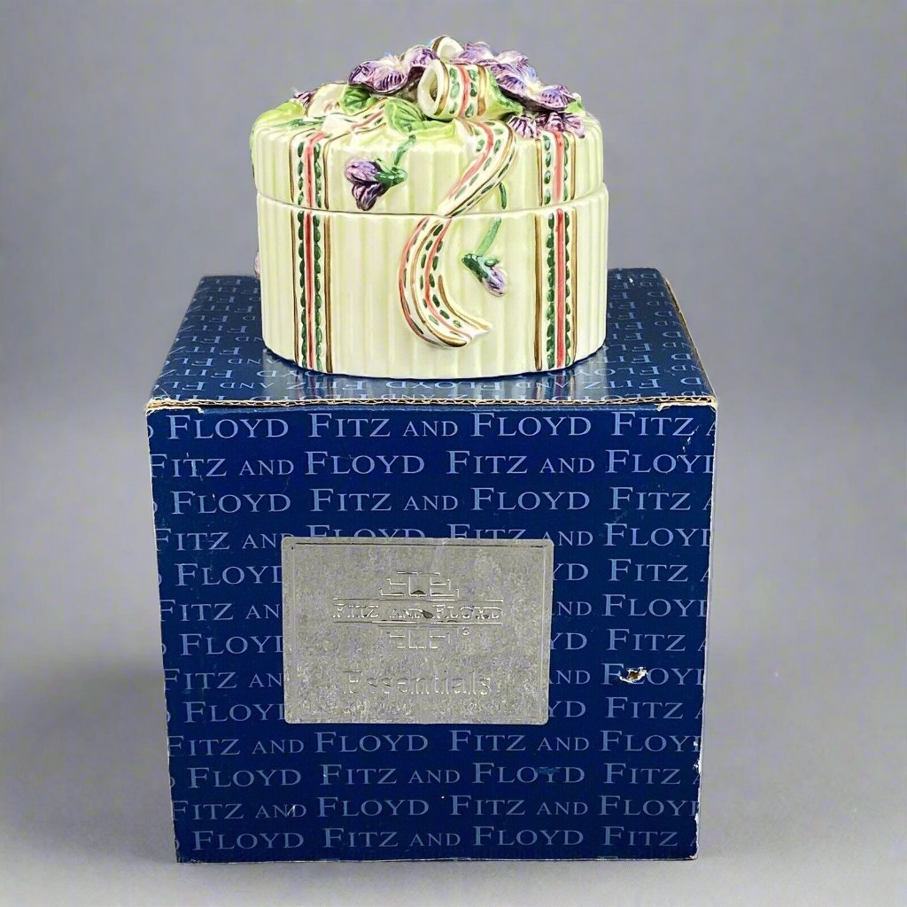 Fitz and Floyd Gift with Ribbon Lidded Trinket Box Green Floral Oval NOS