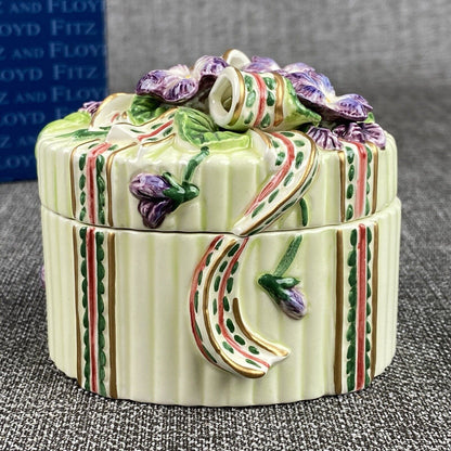 Fitz and Floyd Gift with Ribbon Lidded Trinket Box Green Floral Oval NOS