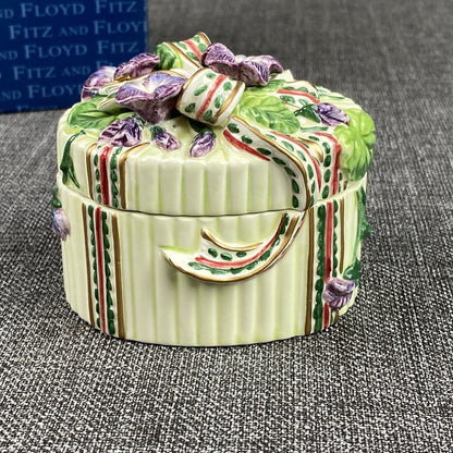 Fitz and Floyd Gift with Ribbon Lidded Trinket Box Green Floral Oval NOS