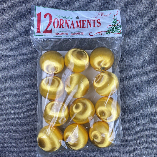 Unbreakable Christmas Ornaments 15 Piece Gold Satin Ball 2.25” Vintage NOS