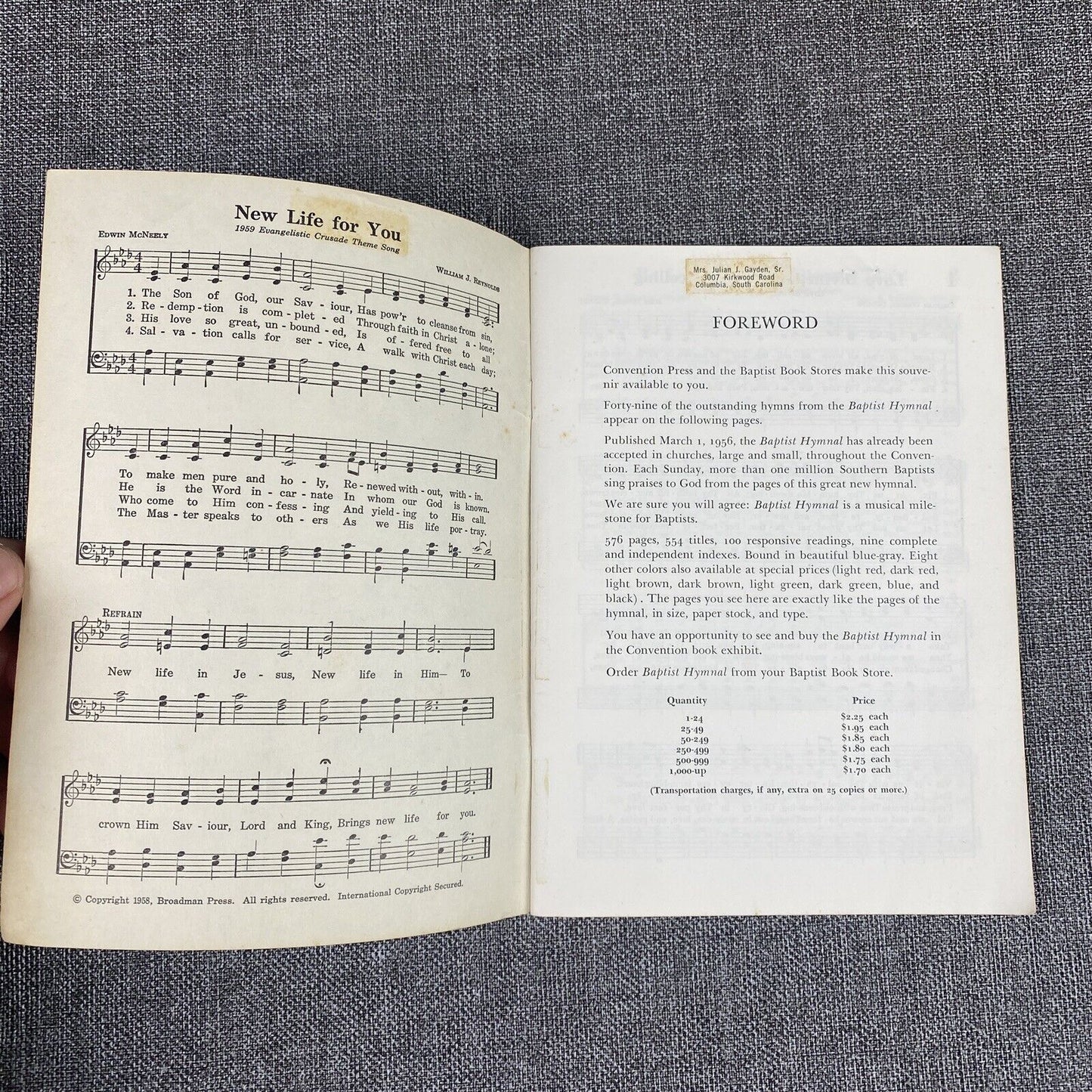 Baptist Hymnal - Southern Baptist Convention Souvenir Edition Vintage 1958