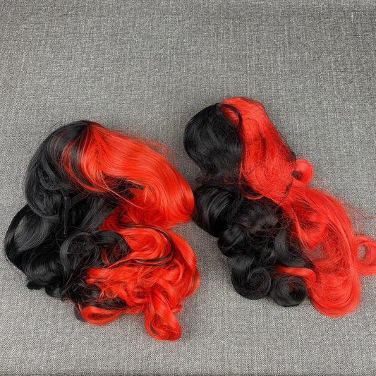 3 pc Harlequin Wig Black & Red Ponytail Clips Suicide Squad Harley Quinn Jester