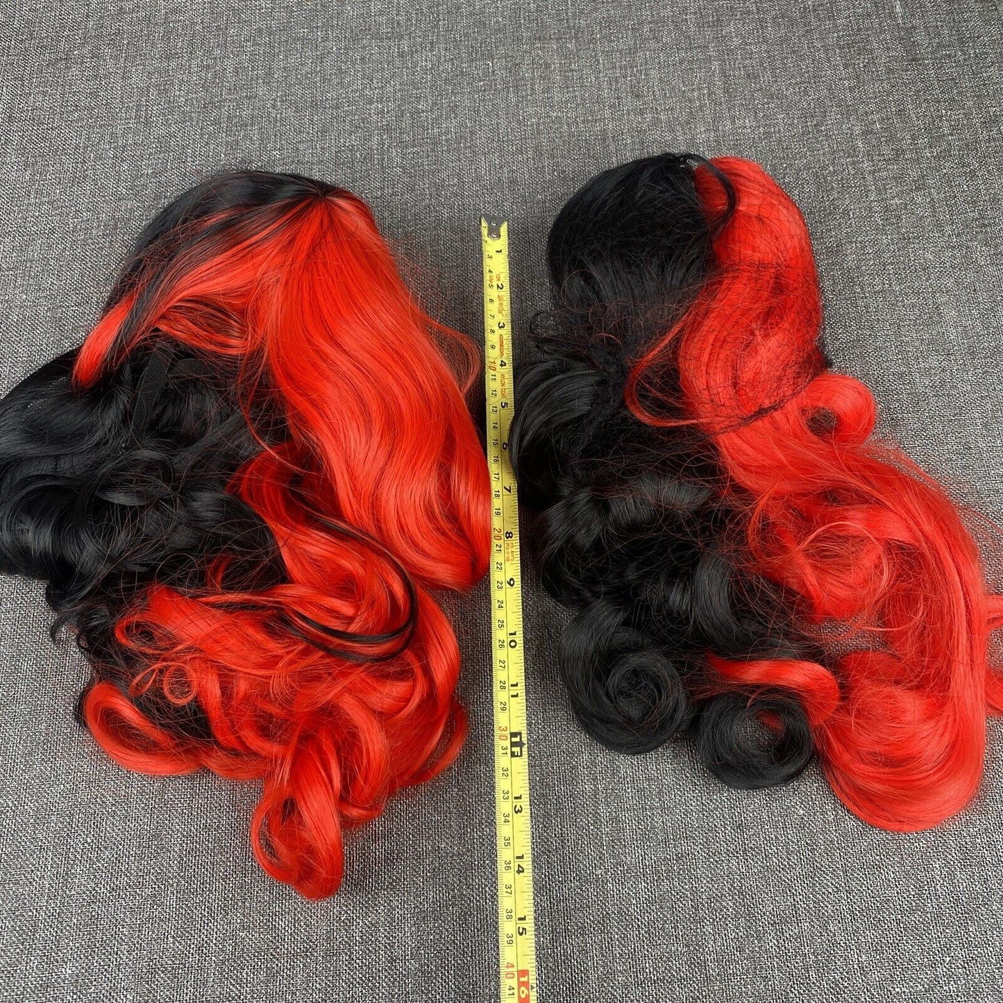 3 pc Harlequin Wig Black & Red Ponytail Clips Suicide Squad Harley Quinn Jester