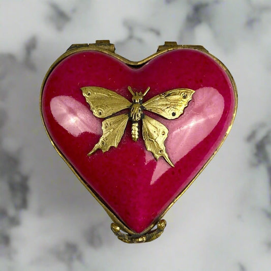 Porcelain Trinket Box  Red and Gold Tone Butterfly ~2"