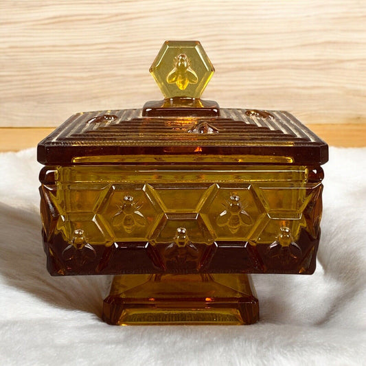 Fenton Amber Honeycomb & Bee Square Candy Honey footed Dish With Lid Vintage Veg