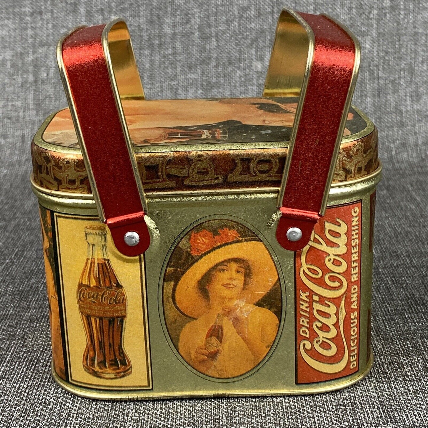 Vintage 1980's Drink Coca-Cola Metal Tin with Pictures of Ladies 2 Handles & Lid