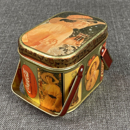 Vintage 1980's Drink Coca-Cola Metal Tin with Pictures of Ladies 2 Handles & Lid