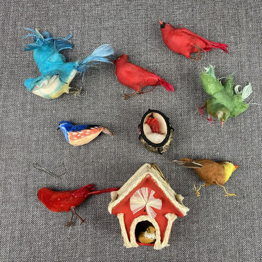 9 Vintage Realistic Bird Ornaments made with Feathers & Wire Feet