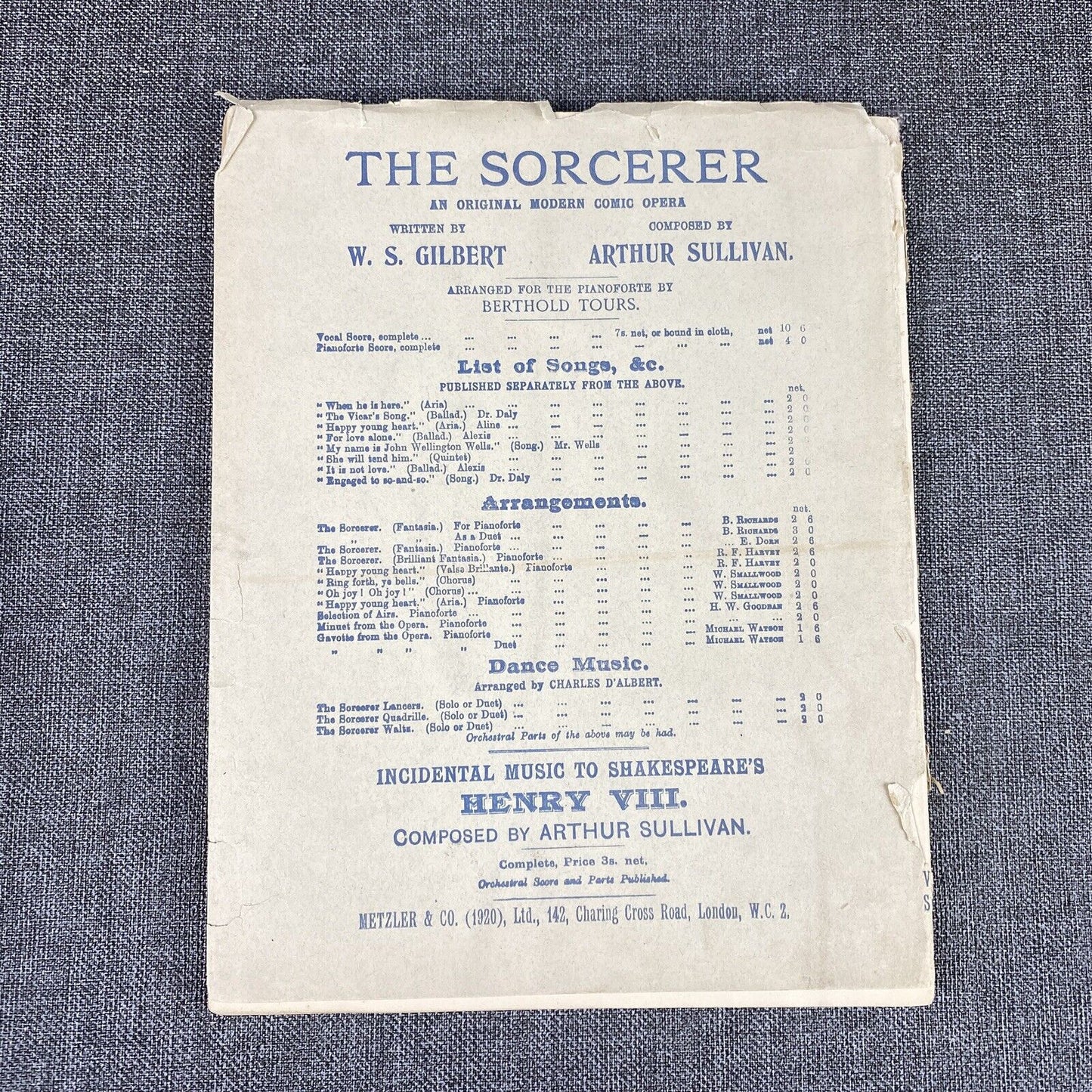 The Sorcerer Comic Opera in Two Acts Music Vocal Score 1920