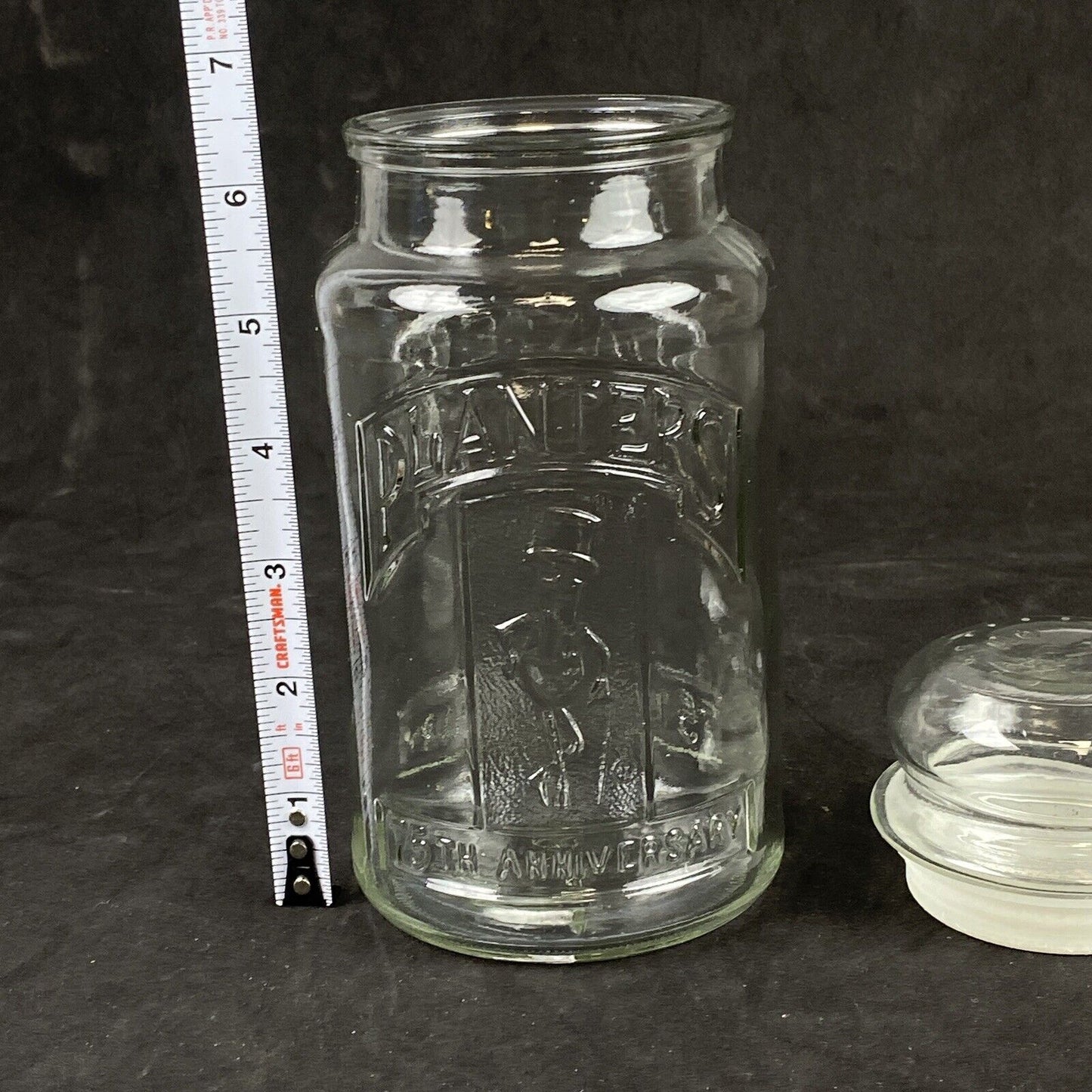 Vintage 1981 Planters Glass Jar Canister 75th Anniversary Mr. Peanut 8” with Lid