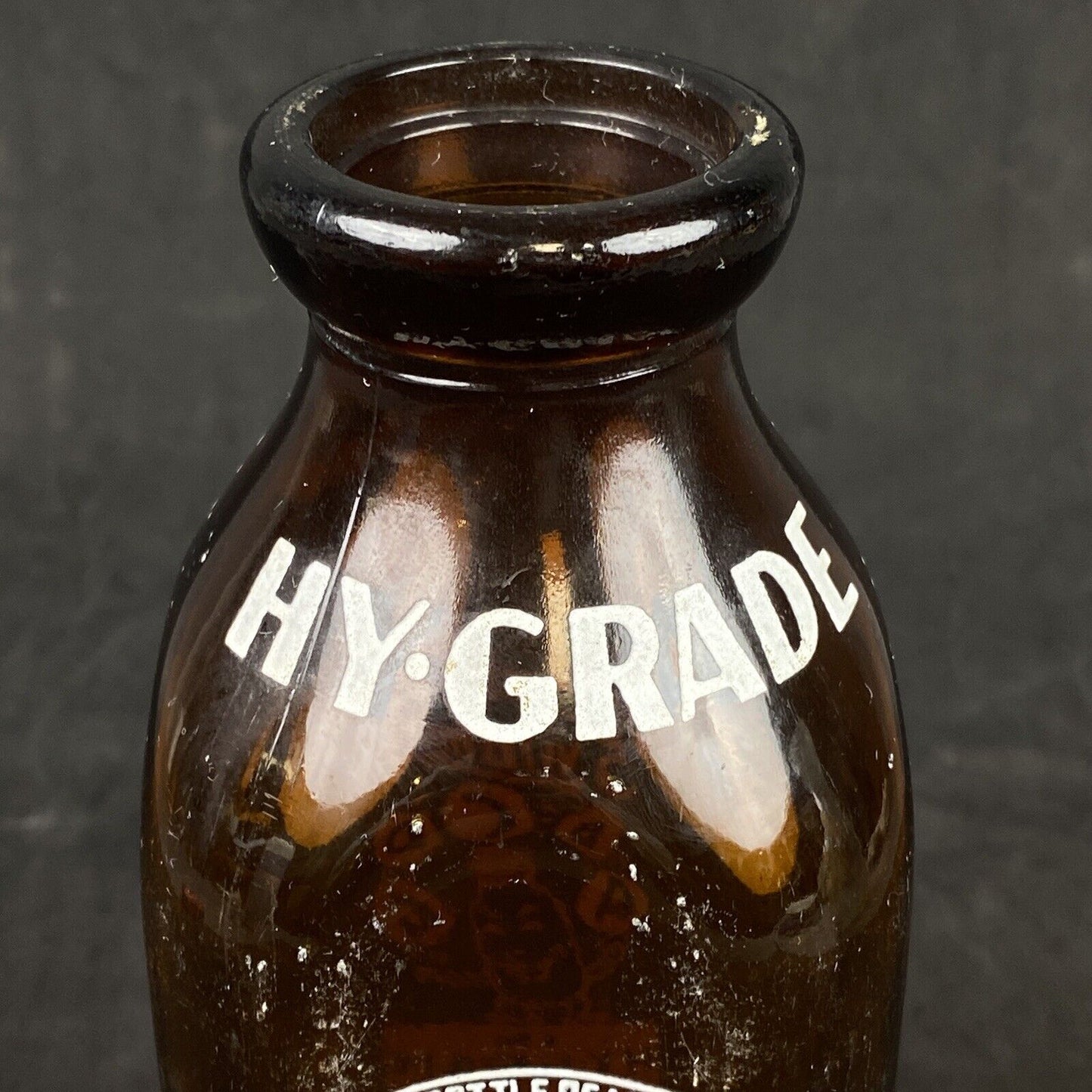 Hy-Grade Dairy Milk Bottle Grand Rapids MI Amber Glass w White Pyroglaze 8.5"