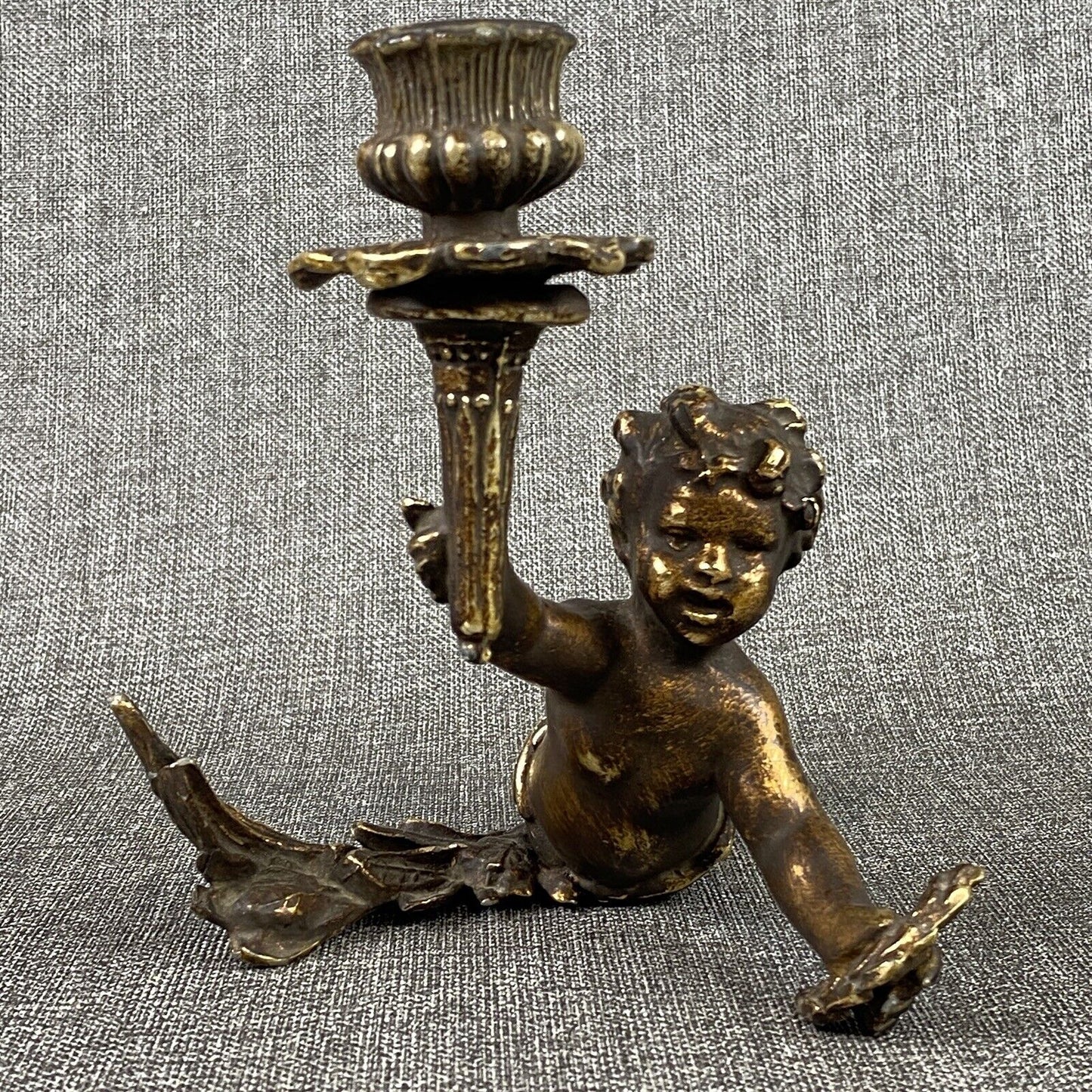 Vintage Torch Putto Cherub Figurine Candle Holder Putti Cast Iron