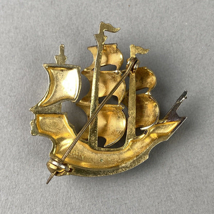 Vintage Spanish Galleon Sailing Boat Ship Damascene Brooch Pin Nautical Jewelry