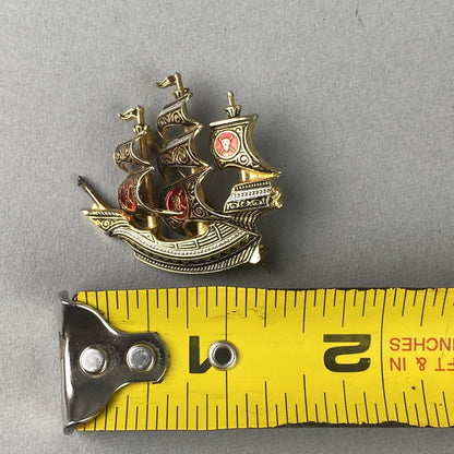 Vintage Spanish Galleon Sailing Boat Ship Damascene Brooch Pin Nautical Jewelry