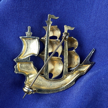 Vintage Spanish Galleon Sailing Boat Ship Damascene Brooch Pin Nautical Jewelry