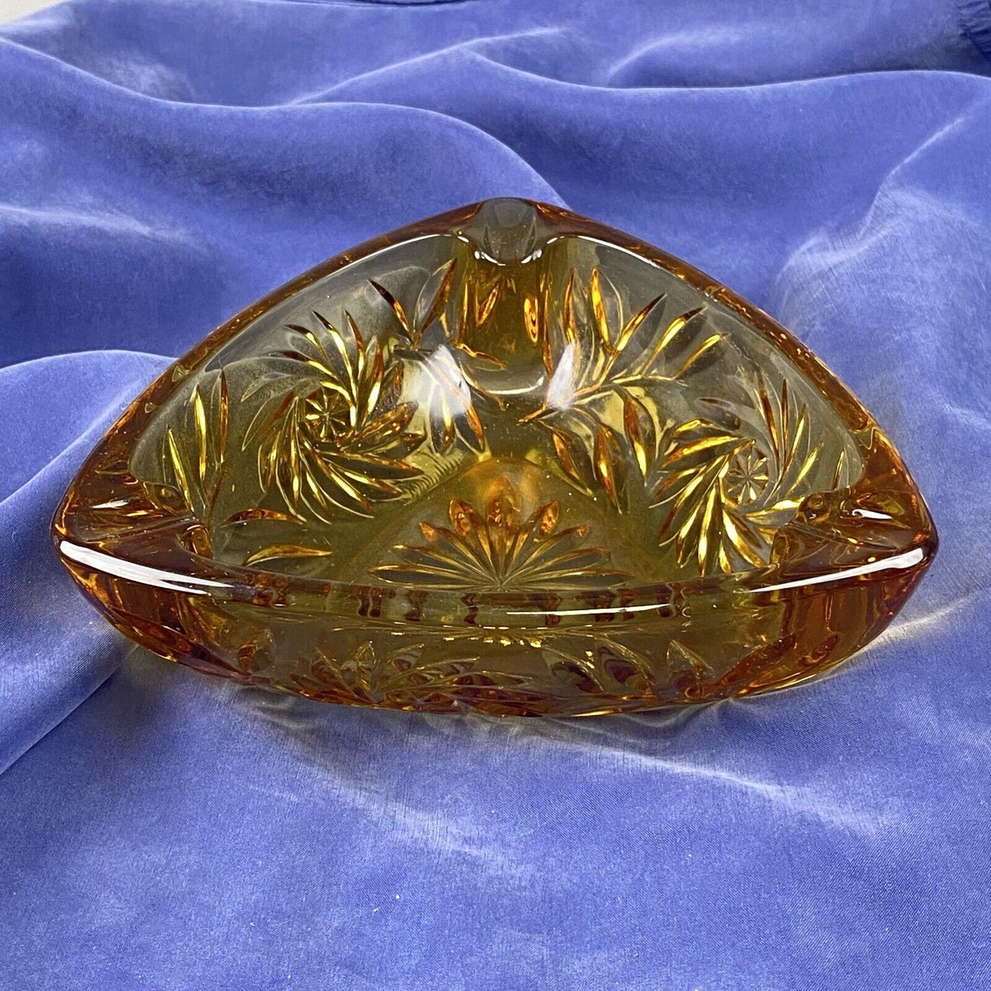 Vintage Amber Glass Ashtray Triagle Shaped 6.5"