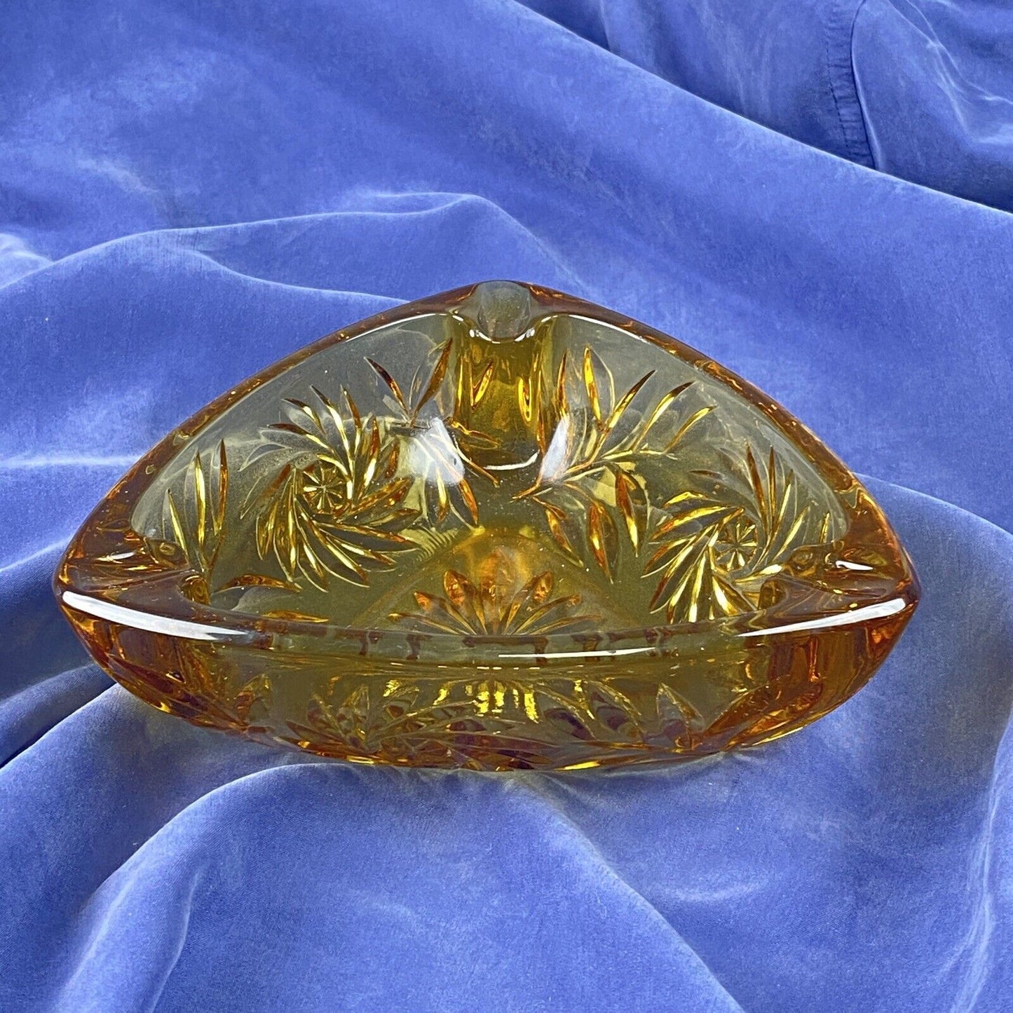 Vintage Amber Glass Ashtray Triagle Shaped 6.5"