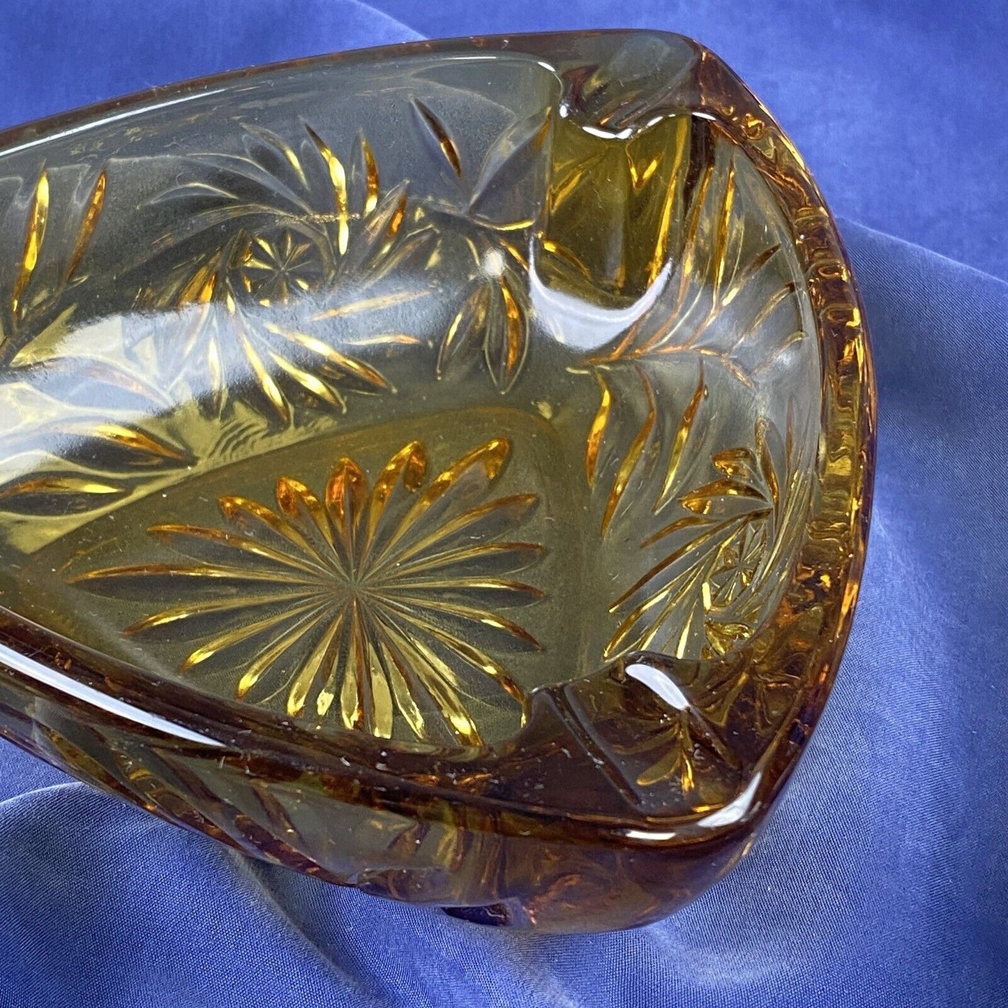 Vintage Amber Glass Ashtray Triagle Shaped 6.5"