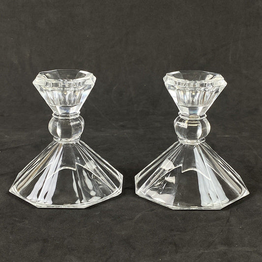 Pair Of Crystal Glass Candle Holders Octagon Shaped Base Candlestick (READ)