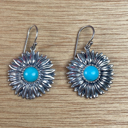 Vintage Sterling Silver Dangle Flower Earrings With Blue Center