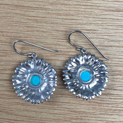 Vintage Sterling Silver Dangle Flower Earrings With Blue Center