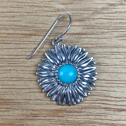 Vintage Sterling Silver Dangle Flower Earrings With Blue Center