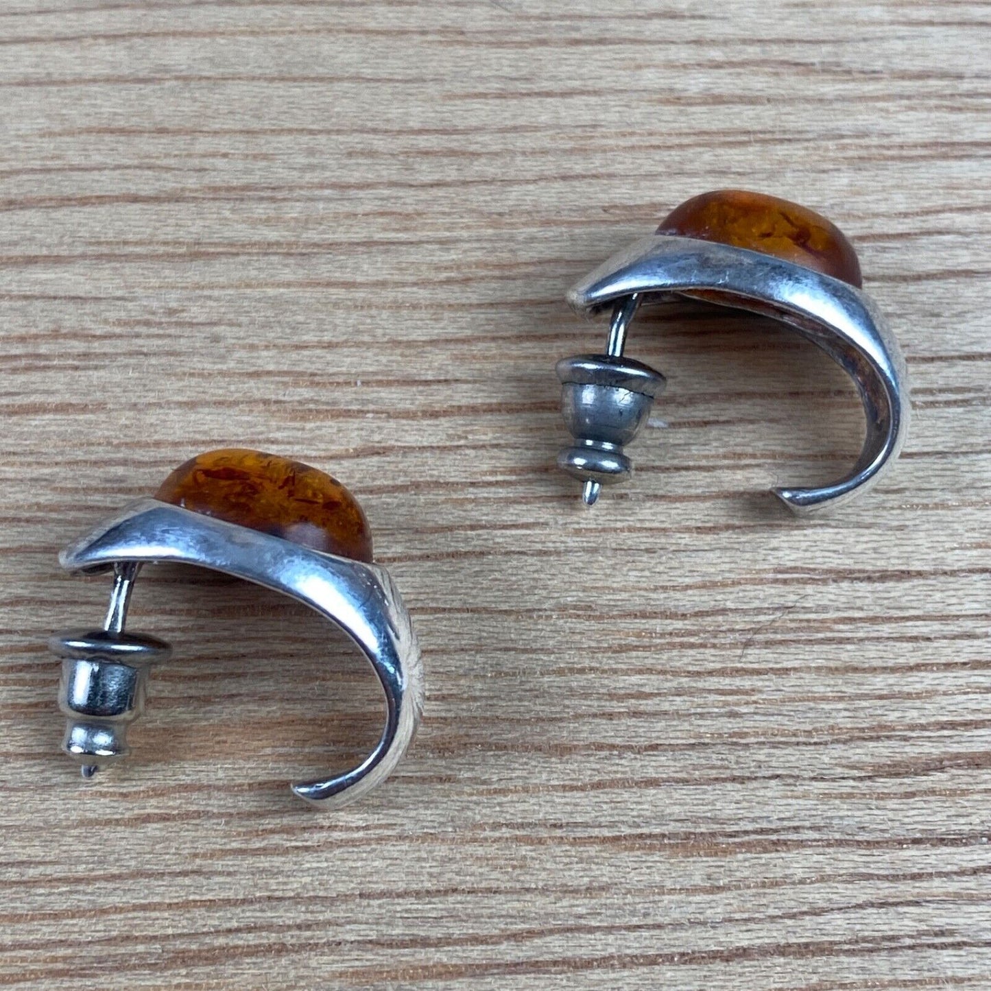 Vintage Sterling Silver Amber Stud Pierced Earrings