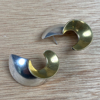 Vintage Silver and Brass Artisan Modern Pierced Earrings