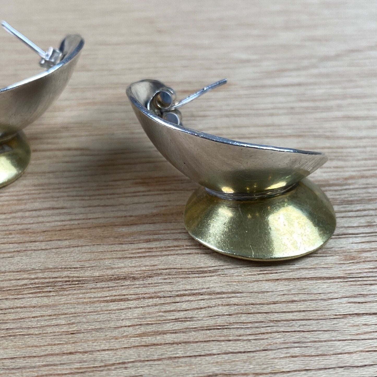 Vintage Silver and Brass Artisan Modern Pierced Earrings