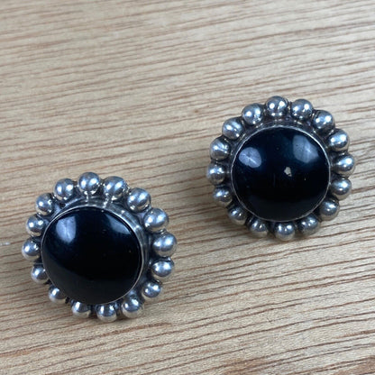 Vintage Sterling Silver Black Onyx Round Earrings Screw Back