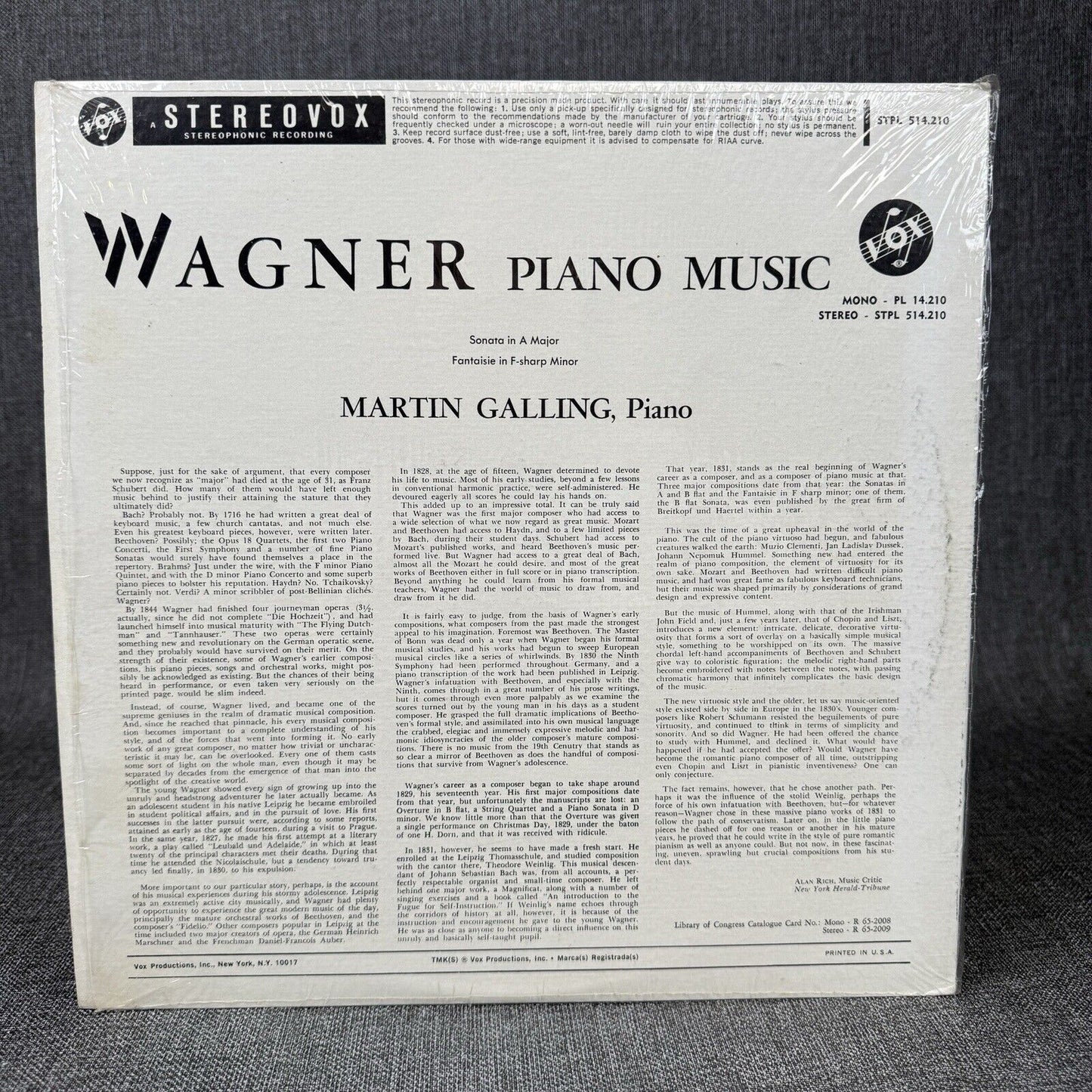 Wagner: Piano Music Martin Galling Piano Vinyl Record LP