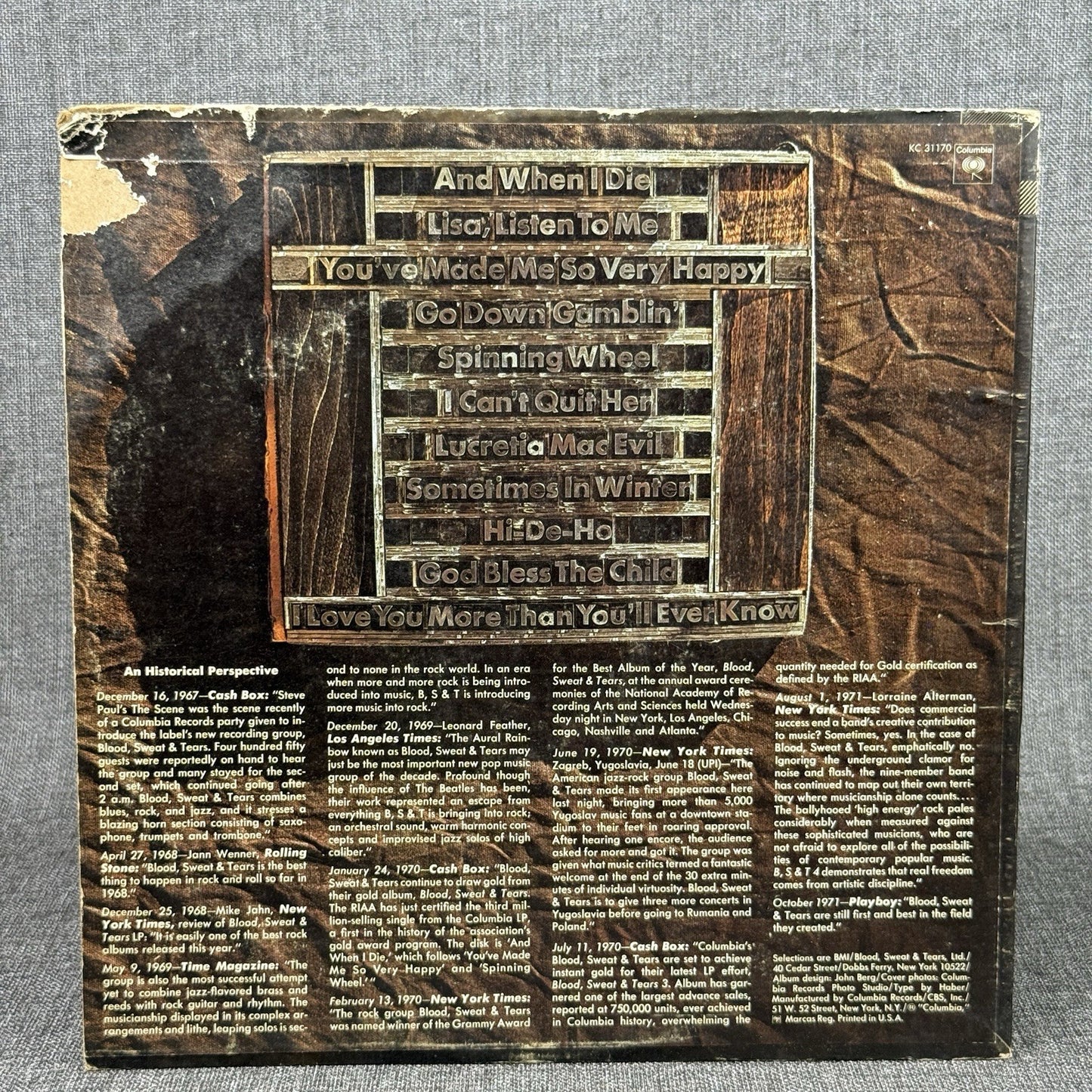 Blood Sweat And Tears Greatest Hits Vinyl Record Album LP- VG