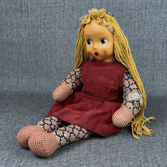 Looby Loo Doll VTG Fabric Rag Doll 1960s Character Hard Face Long Legs 21"