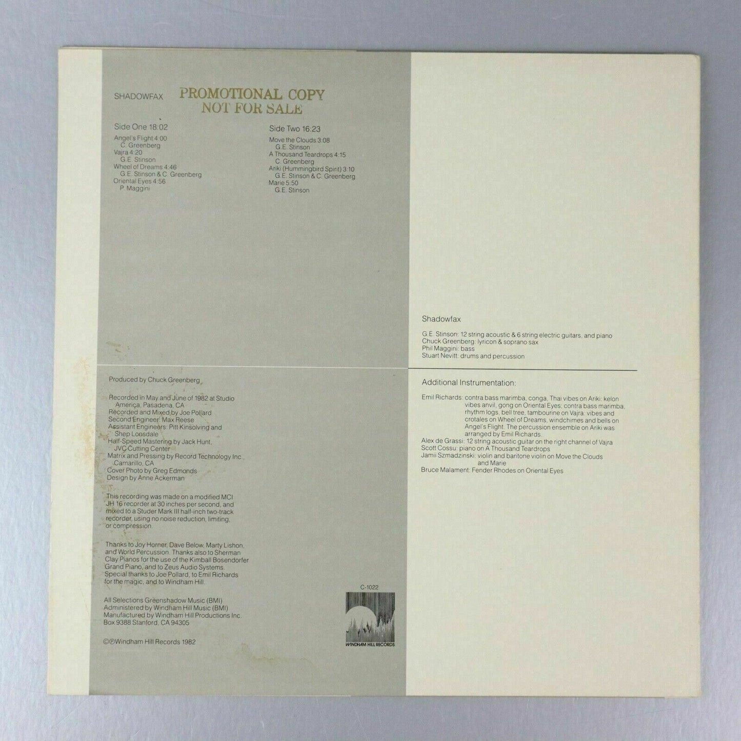 Shadowfax LP Vinyl PROMO Record Self Titled Windham Hill 1982 Promotional Copy