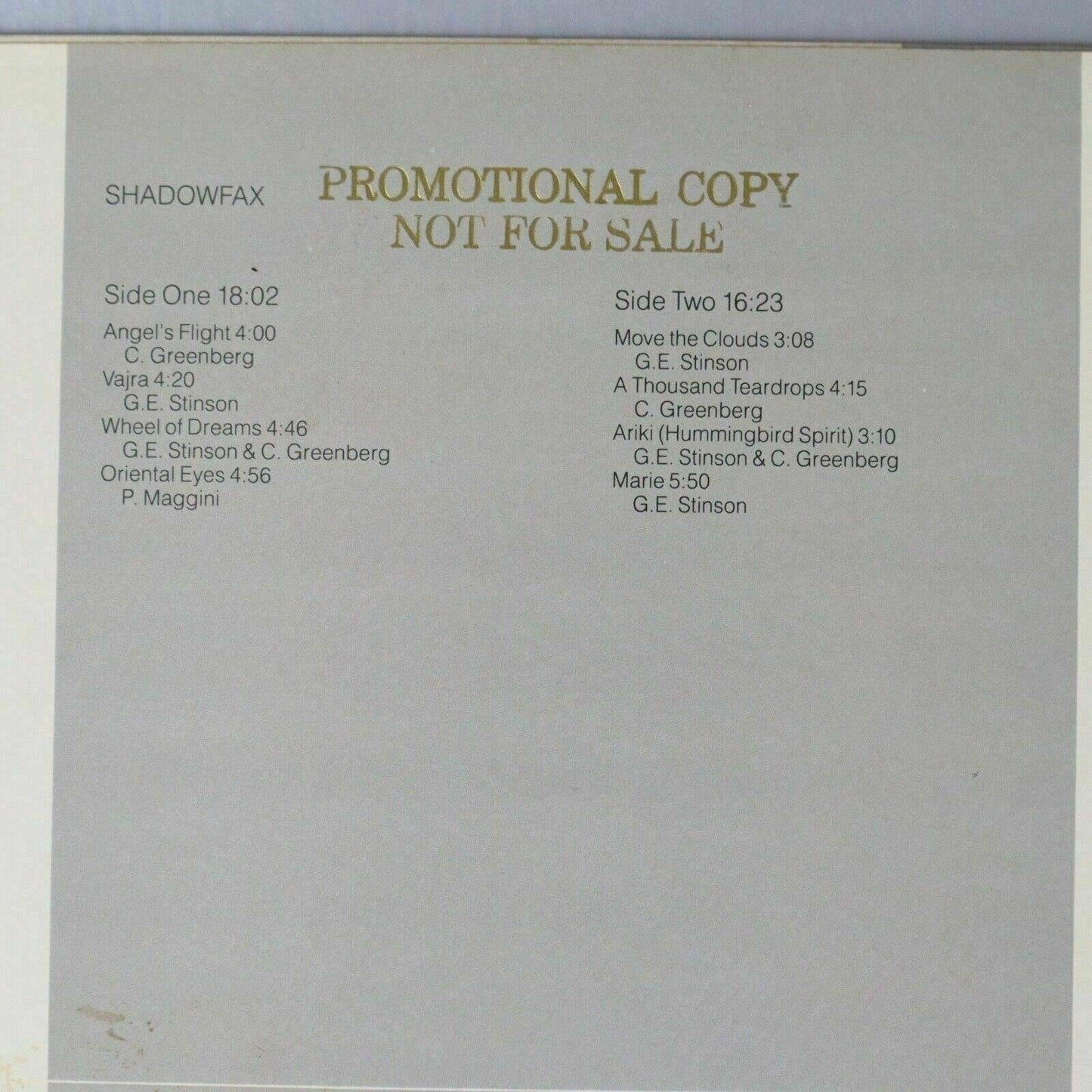Shadowfax LP Vinyl PROMO Record Self Titled Windham Hill 1982 Promotional Copy