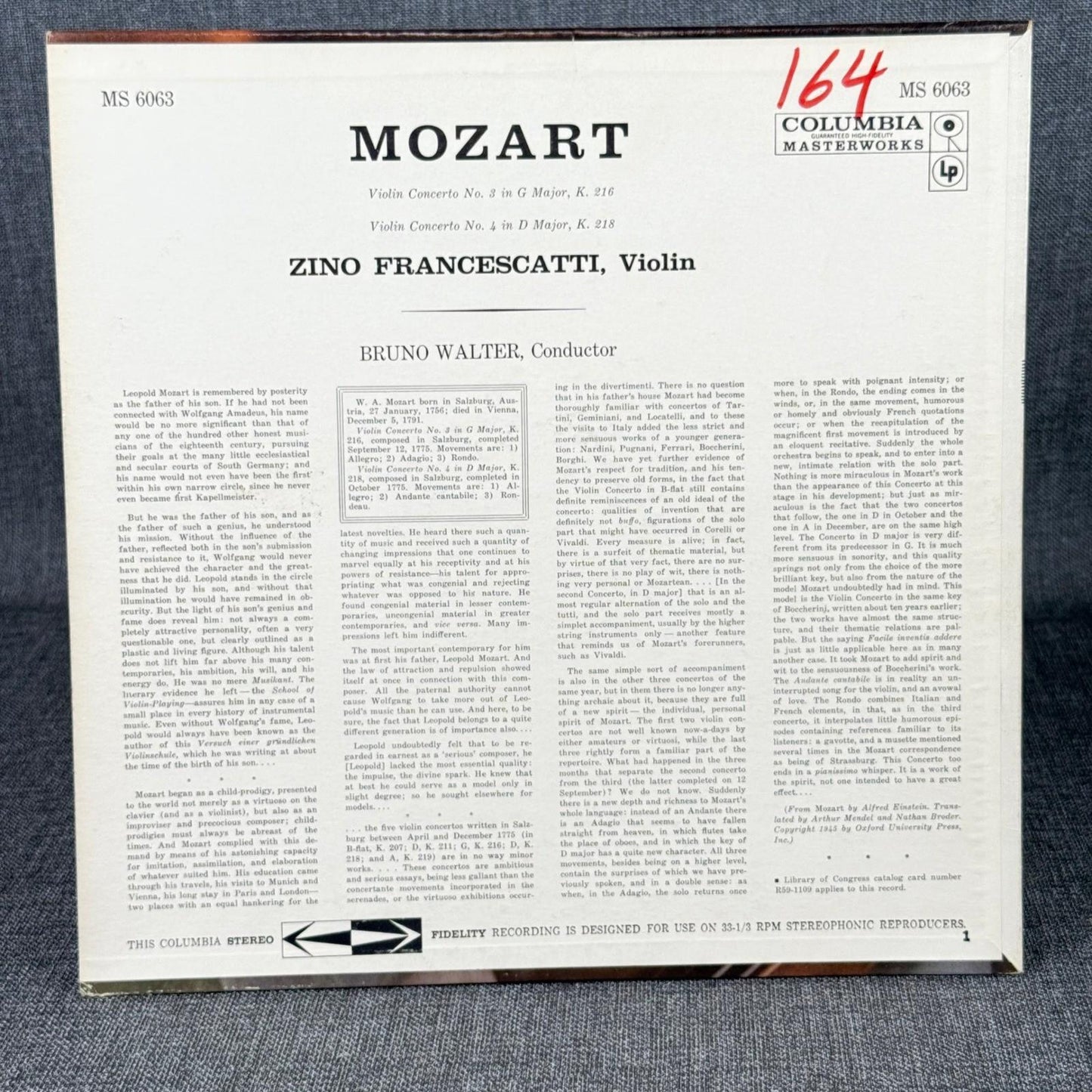 Mozart Violin Concertos Zino Francescatti Bruno Walter Columbia 6-Eye Vinyl